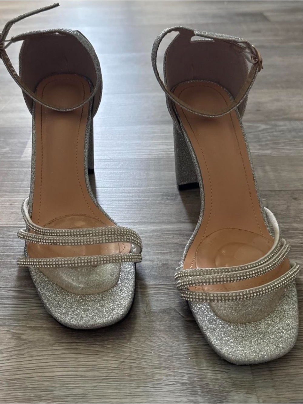 Sparkling Silver Ankle-Strap Block Heels